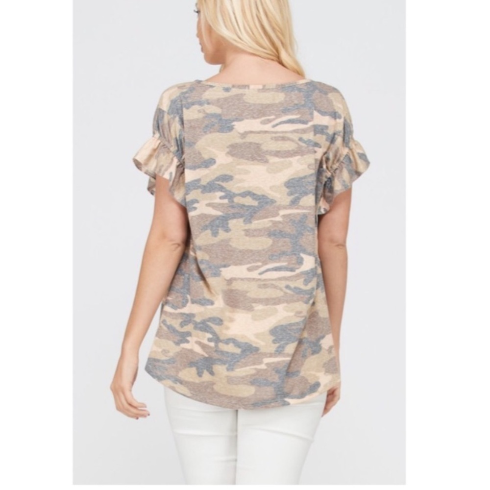New Camouflage Ruffle Accent Short Sleeve Top - Picture 2 of 3